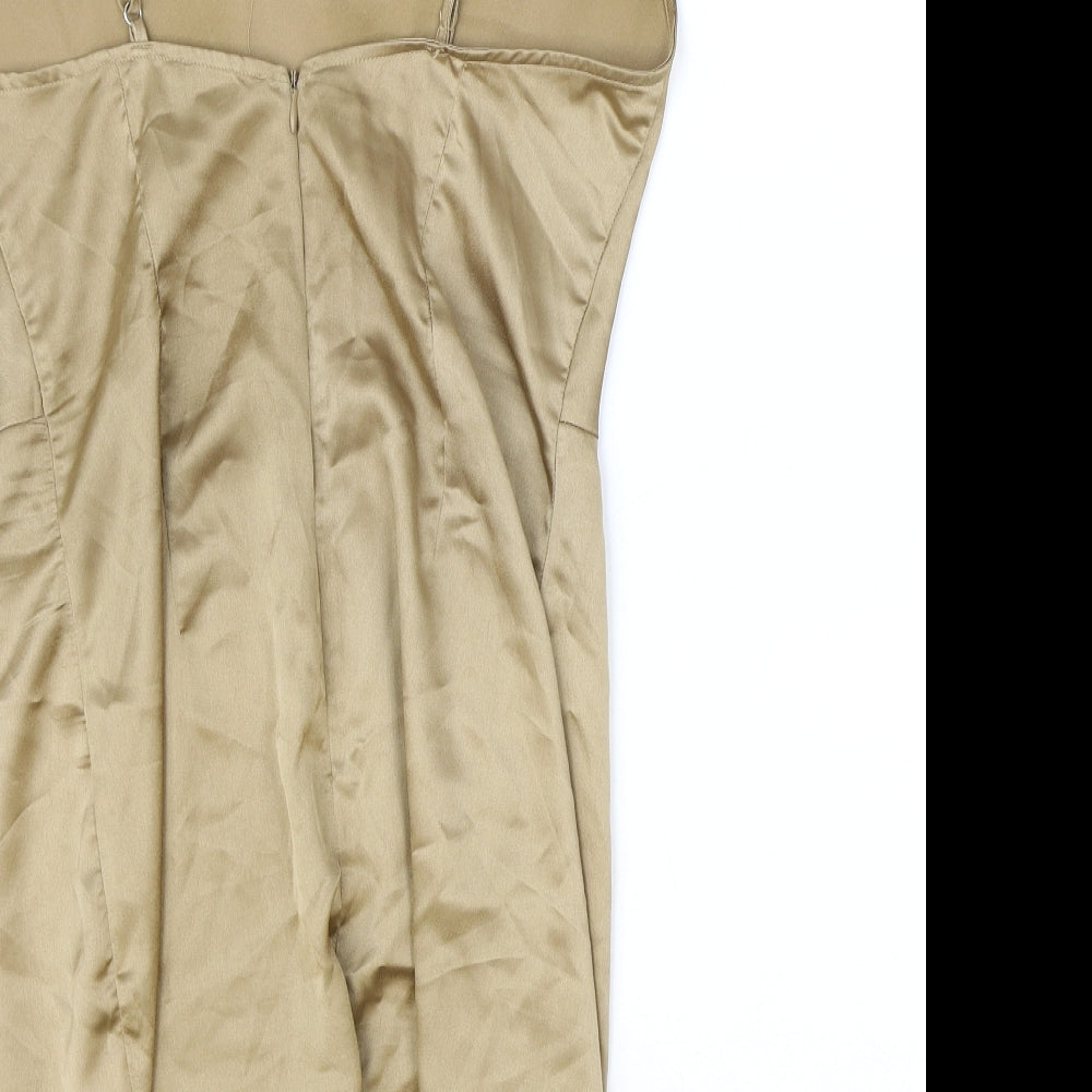 PRETTYLITTLETHING Womens Gold Polyester Bodycon Size 10 Square Neck Zip