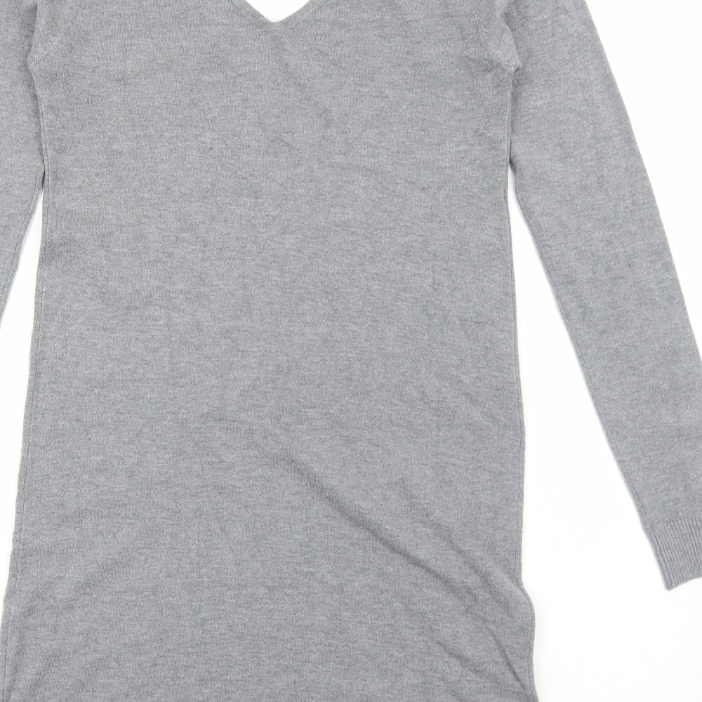 TU Womens Grey Striped Viscose Jumper Dress Size M V-Neck Pullover