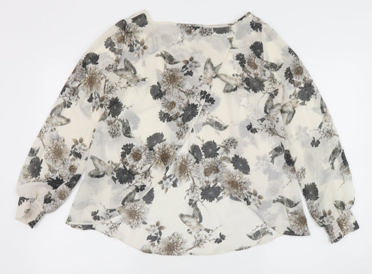 F&F Womens Ivory Floral Polyester Basic Blouse Size 6 Round Neck