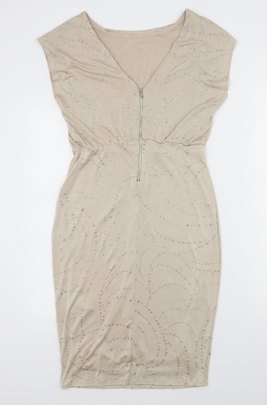 Dorothy Perkins Womens Beige Geometric Polyester Sheath Size 10 Round Neck Zip