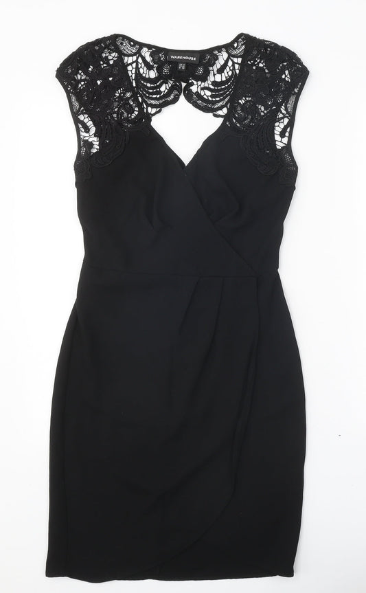 Warehouse Womens Black Polyester Pencil Dress Size 6 V-Neck Zip - Lace Detail