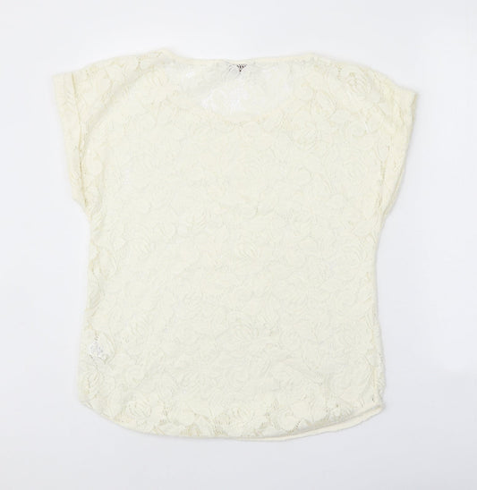 Indigo Womens White Floral Polyester Basic T-Shirt Size 12 Scoop Neck