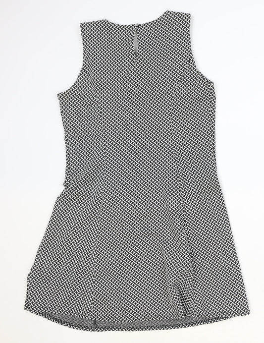 Red Herring Womens Black Geometric Polyester A-Line Size 14 Scoop Neck Button
