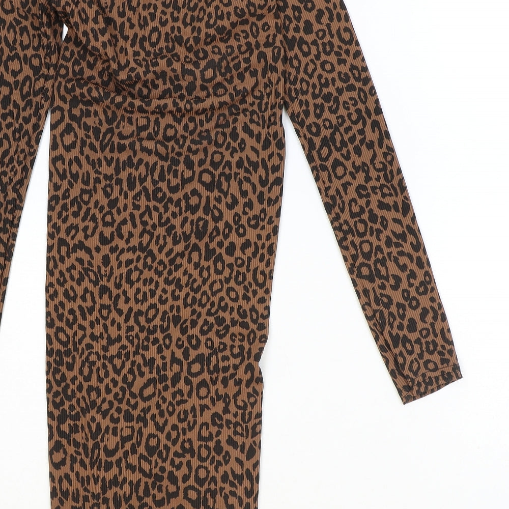 PRETTYLITTLETHING Womens Brown Animal Print Polyester Bodycon Size 8 V-Neck Pullover - Leopard print