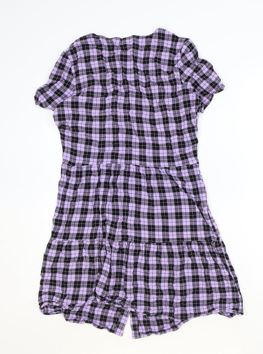 Divided Womens Purple Plaid Viscose A-Line Size 8 V-Neck Button