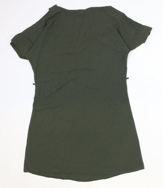 Preworn Womens Green Polyester T-Shirt Dress Size 8 V-Neck Pullover - Cold Shoulder