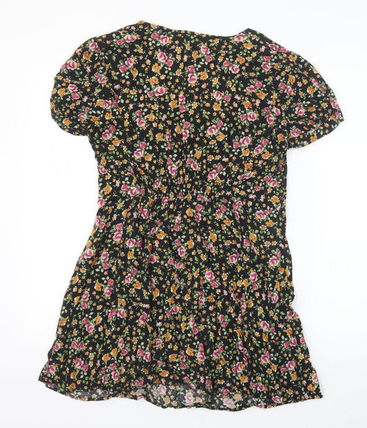 River Island Womens Black Floral Viscose A-Line Size 12 Scoop Neck Button