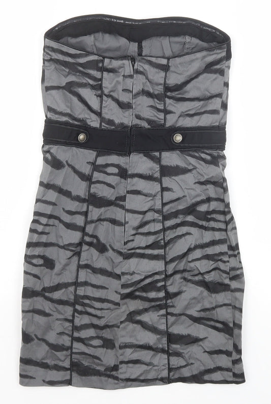 H&M Womens Grey Animal Print Cotton Bodycon Size 8 Off the Shoulder Zip - Tiger Pattern