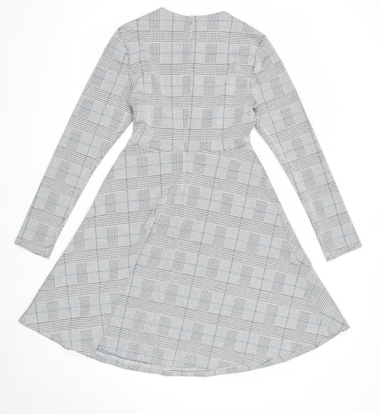 Marks and Spencer Womens White Plaid Polyester Fit & Flare Size 8 Round Neck Zip