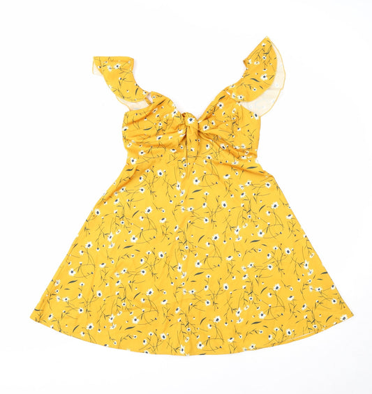 SheIn Womens Yellow Floral Polyester Fit & Flare Size XS V-Neck Zip