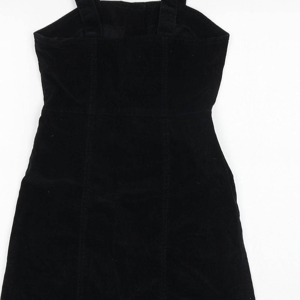 Denim & Co. Womens Black Herringbone Cotton Pinafore/Dungaree Dress Size 6 Square Neck Button