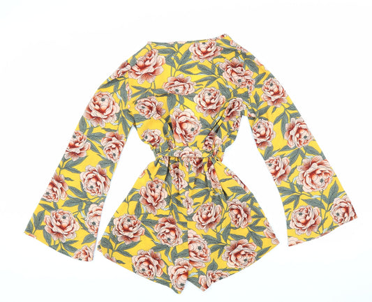 New Look Womens Yellow Floral Viscose Playsuit One-Piece Size 8 Tie