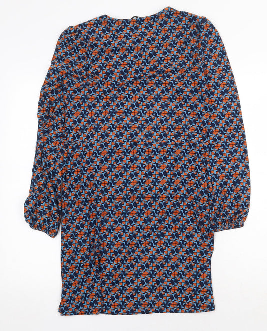 TU Womens Blue Geometric Polyester A-Line Size 8 Round Neck Pullover
