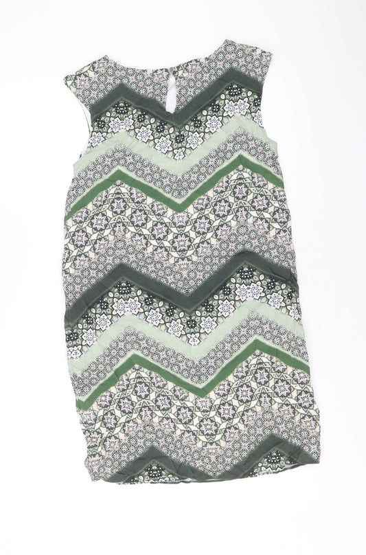Wallis Womens Green Geometric Viscose Shift Size 8 Boat Neck Button