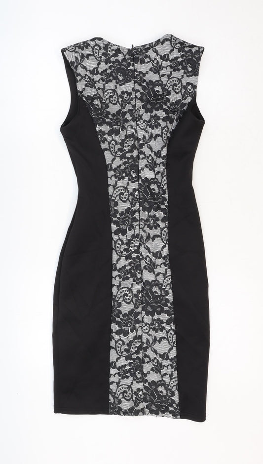 New Look Womens Black Floral Polyester A-Line Size 8 Square Neck Zip