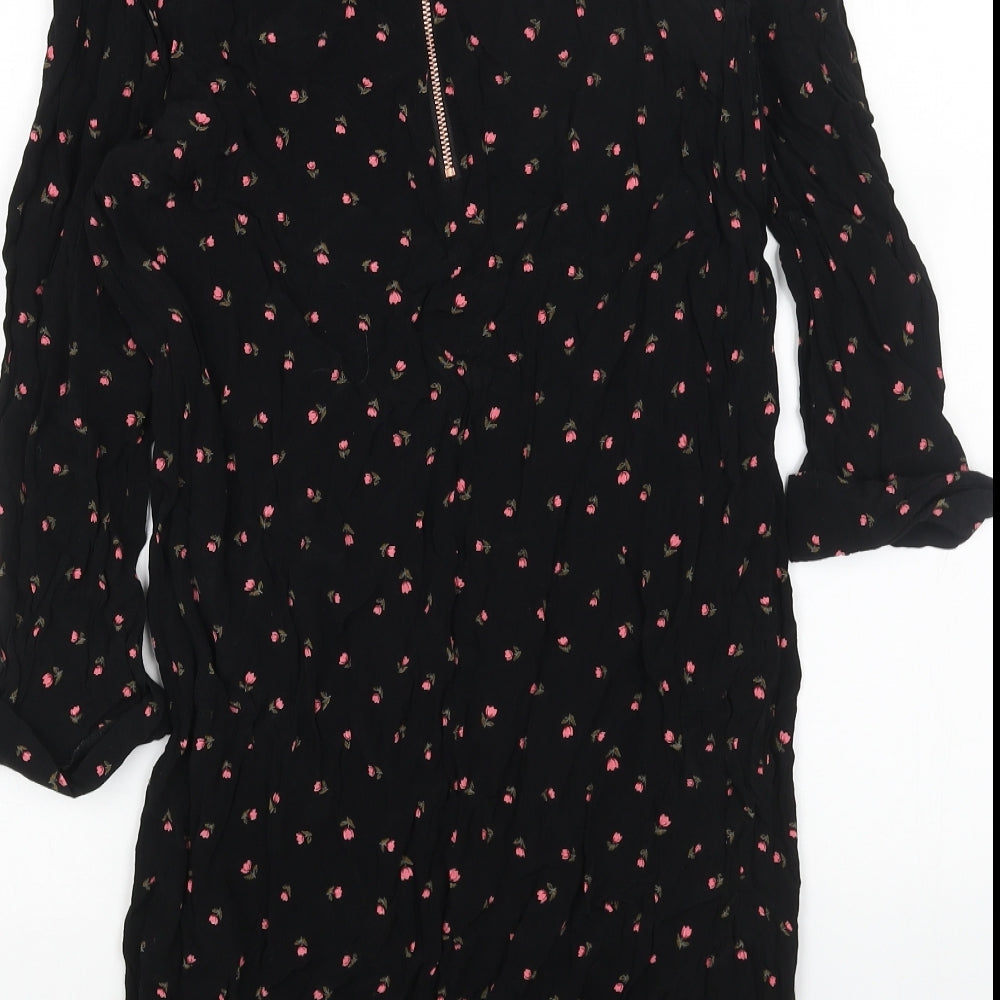 Nine Womens Black Floral Viscose A-Line Size 10 Round Neck Zip