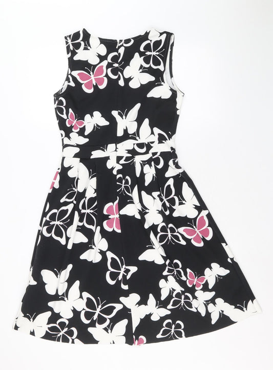 Body Flirt Womens Black Geometric Polyester Fit & Flare Size 8 Round Neck Zip - Butterfly Pattern