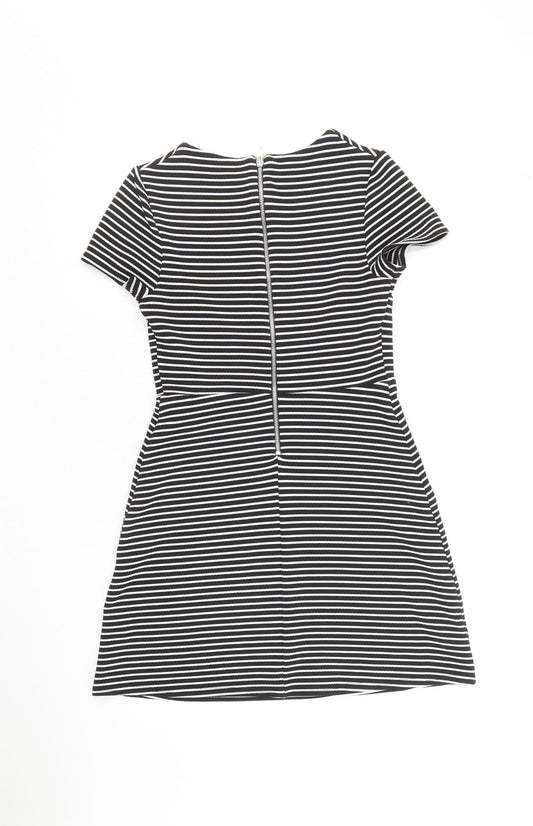 Dorothy Perkins Womens Black Striped Polyester Fit & Flare Size 10 Round Neck Zip