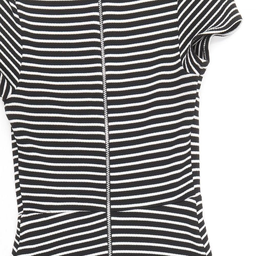 Dorothy Perkins Womens Black Striped Polyester Fit & Flare Size 10 Round Neck Zip
