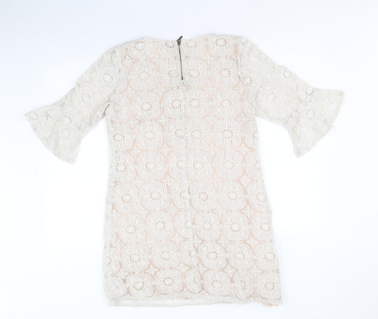 M&Co Womens Ivory Geometric Nylon A-Line Size 14 Round Neck Zip