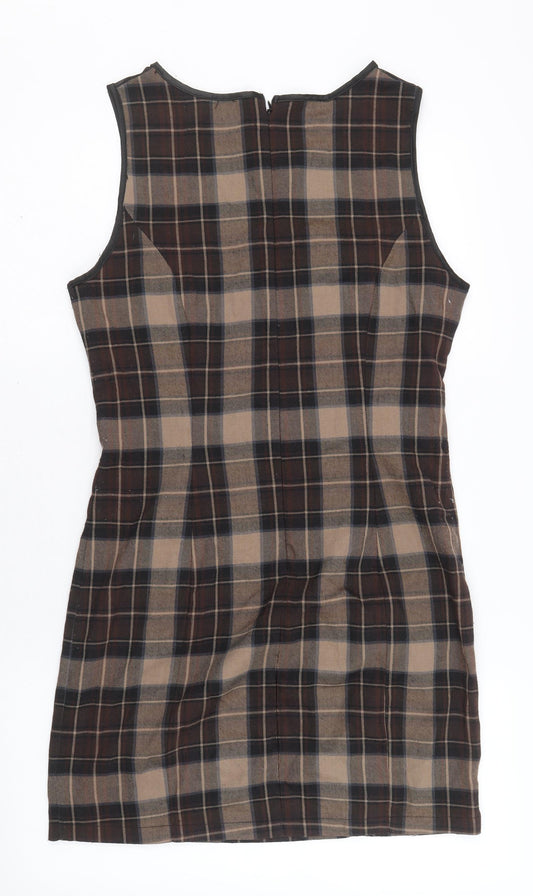 Parisian Womens Beige Plaid Polyester A-Line Size M Round Neck