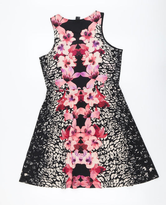 H&M Womens Black Floral Polyester Fit & Flare Size M Round Neck Pullover