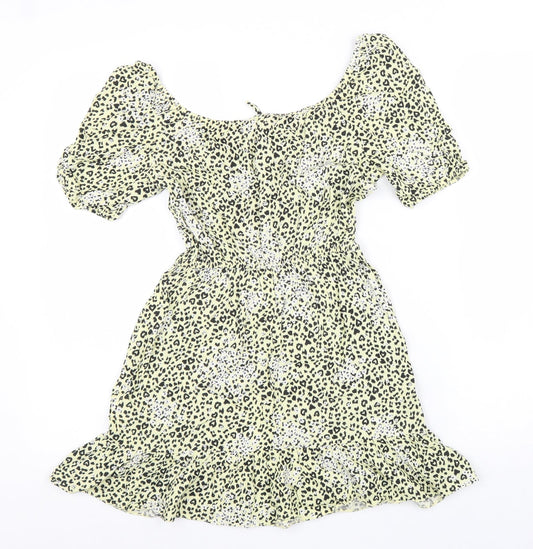 Miss Selfridge Womens Yellow Animal Print Viscose Fit & Flare Size 6 Round Neck Drawstring - Leopard Pattern