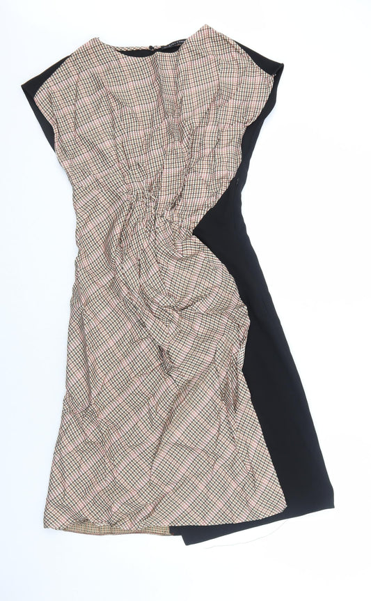 Zara Womens Black Plaid Polyester Trapeze & Swing Size S Round Neck Zip