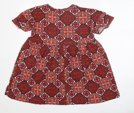 Boohoo Womens Red Geometric Viscose Fit & Flare Size 6 Round Neck Pullover