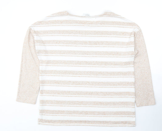 Nutmeg Womens Beige Striped Polyester Basic Blouse Size 12 Scoop Neck