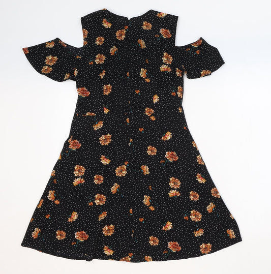 Pins & Needles Womens Black Floral Polyester Fit & Flare Size M Round Neck Zip - Cold Shoulder
