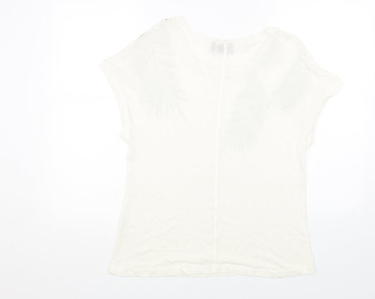 b.young Womens White Cotton Basic T-Shirt Size M Scoop Neck - Leaf Print