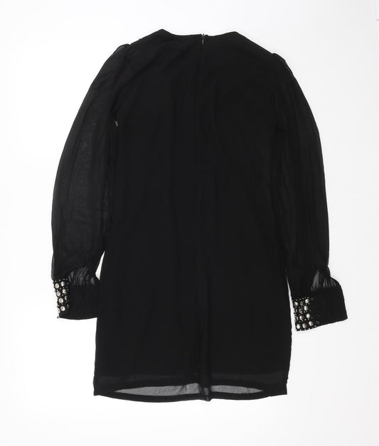 Preworn Womens Black Polyester A-Line Size 8 Round Neck Zip