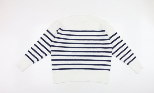 SheIn Womens White Round Neck Striped Acrylic Pullover Jumper Size L - Heart Detail