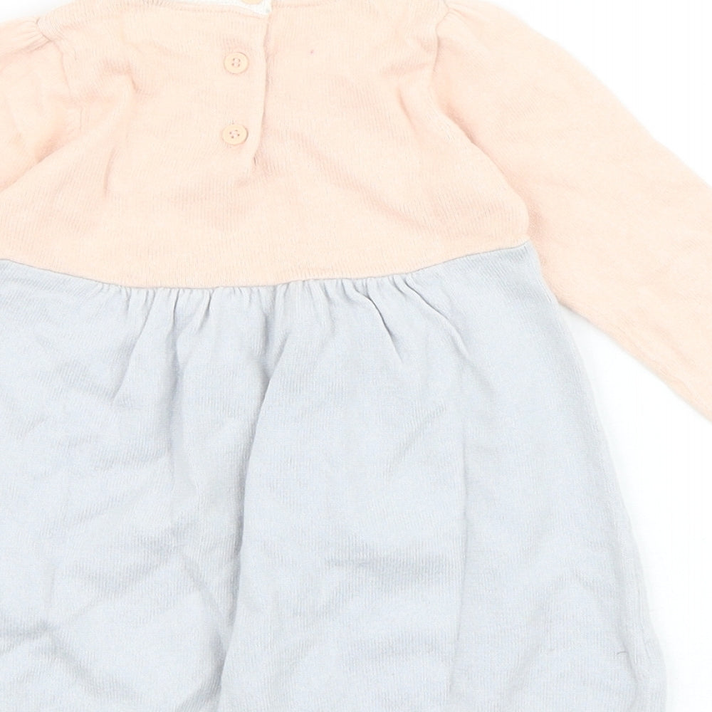 Marks and Spencer Baby Grey Colourblock 100% Cotton Jumper Dress Size 9-12 Months Round Neck Button