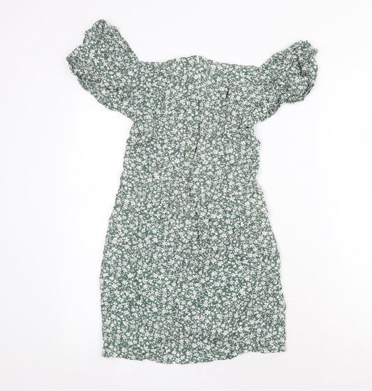 SheIn Womens Green Floral Polyester A-Line Size M Boat Neck Zip