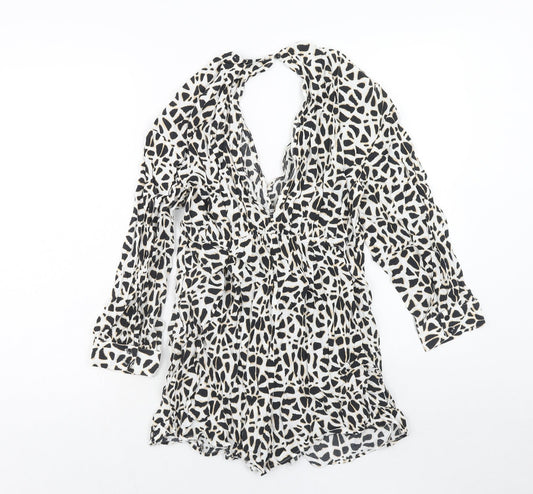 Zara Womens White Geometric Viscose Playsuit One-Piece Size S Button