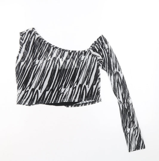 I SAW IT FIRST Womens Black Animal Print Polyester Cropped Blouse Size 12 One Shoulder - Zebra Pattern