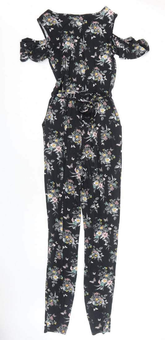 Oasis Womens Black Floral Viscose Jumpsuit One-Piece Size XS Pullover - Cold Shoulder