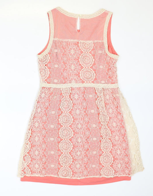 Promod Womens Pink Geometric Nylon A-Line Size 12 Round Neck Button