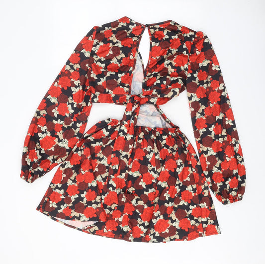 SheIn Womens Red Floral Polyester A-Line Size S V-Neck Tie - Open Back