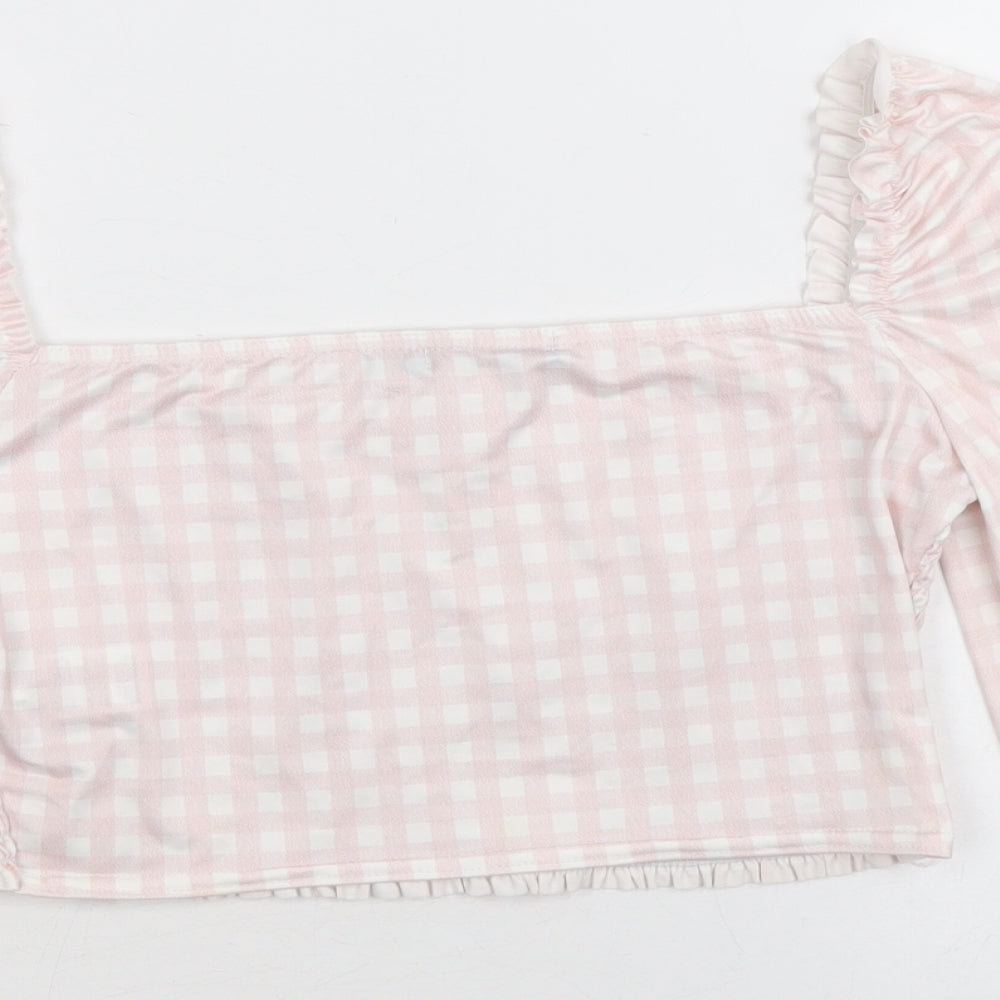 Nasty Gal Womens Pink Plaid Polyester Cropped Blouse Size 6 Square Neck
