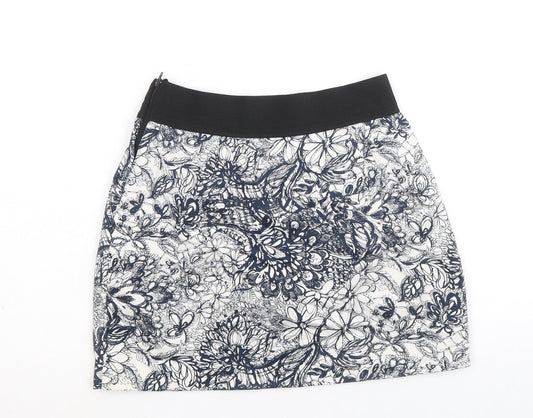 Zara Womens Blue Floral Cotton Mini Skirt Size S Zip
