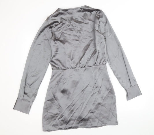 Zara Womens Silver Polyester Shirt Dress Size M V-Neck Zip