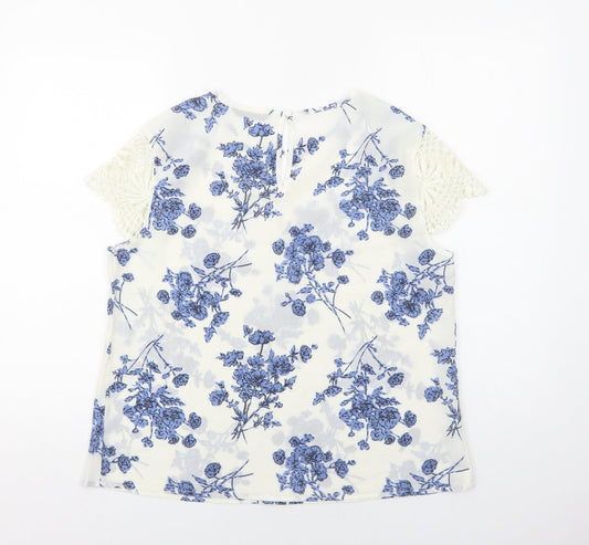 SheIn Womens White Floral Polyester Basic Blouse Size L Round Neck - Lace Detail