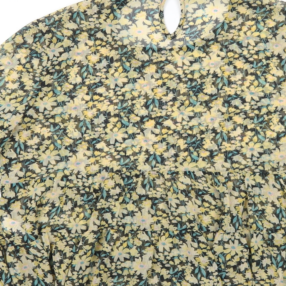 George Womens Yellow Floral Polyester Basic Blouse Size 14 Round Neck