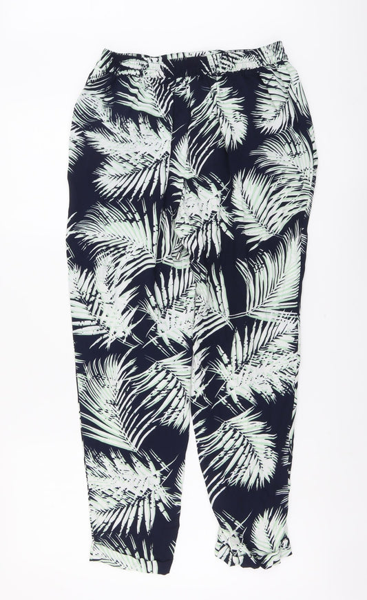 F&F Womens Beige Geometric Viscose Trousers Size 8 L27 in Regular Drawstring - Leaf Print