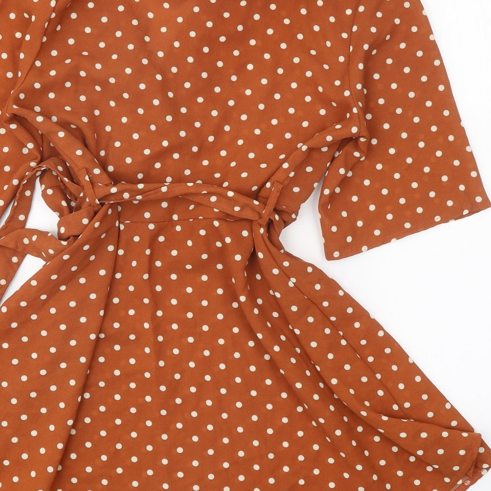 PRETTYLITTLETHING Womens Orange Polka Dot Polyester Fit & Flare Size 6 V-Neck Tie