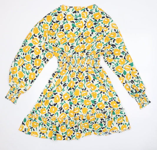 Girl in Mind Womens White Geometric Polyester Fit & Flare Size S V-Neck Pullover - Elastic Waist, Drop hem