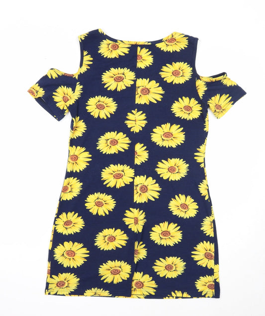 AX Paris Womens Blue Floral Polyester Mini Size 10 Round Neck Pullover - Cold Shoulder